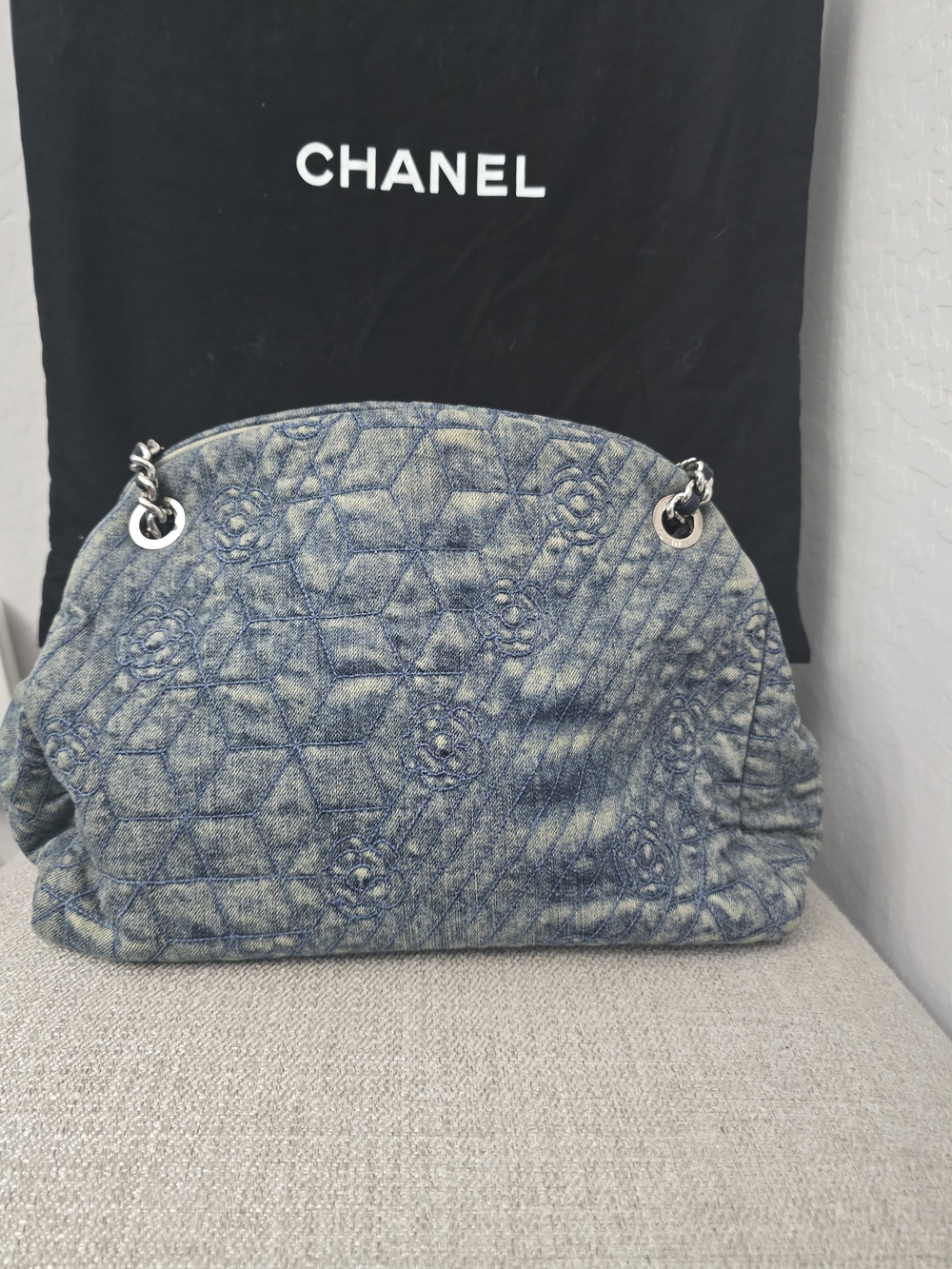 AUTHENTIC Chanel Denim Camellia Just Mademoiselle Bowler Bag - Picture 2 of 16